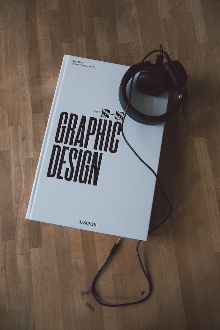 about-01 Discover graphic design history with this book and headphones on a wooden floor.
